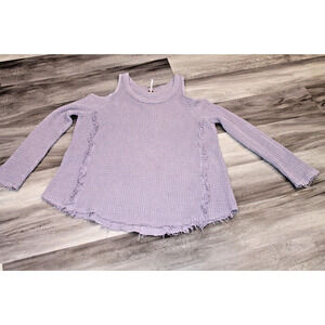 Free People Sunrise Cold Shoulder Sweater Oversize S Purple Waffle Knit Raw Hem